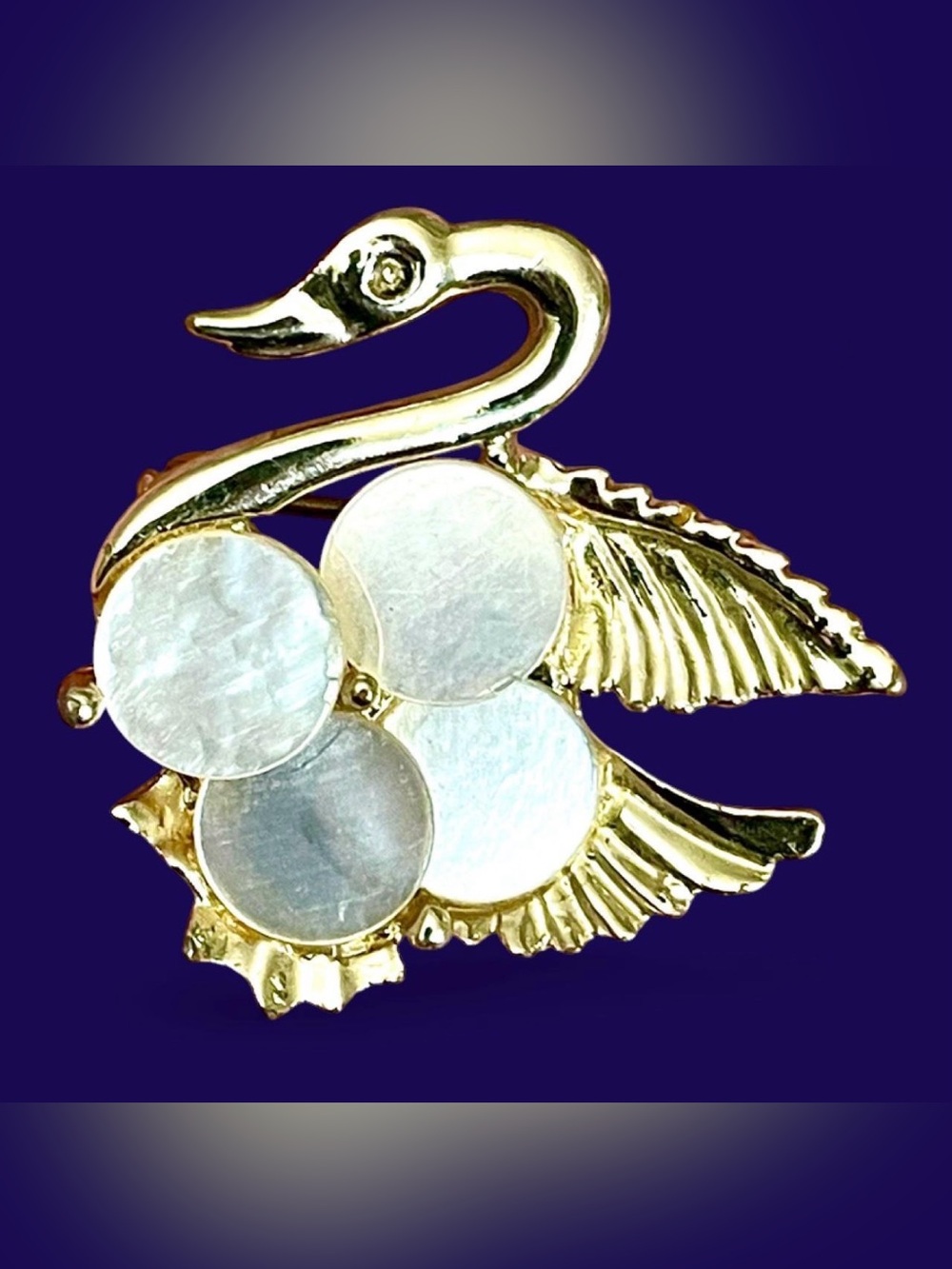 Vintage 1970s Swan Mother of Pearl Discs Brooch Pin Gold Tone Romantic Nautical